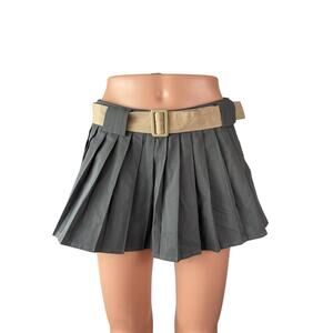 Rumours Women's Gray Belted Pleated High Waist Mini Skater Flare A-Line Skirt S